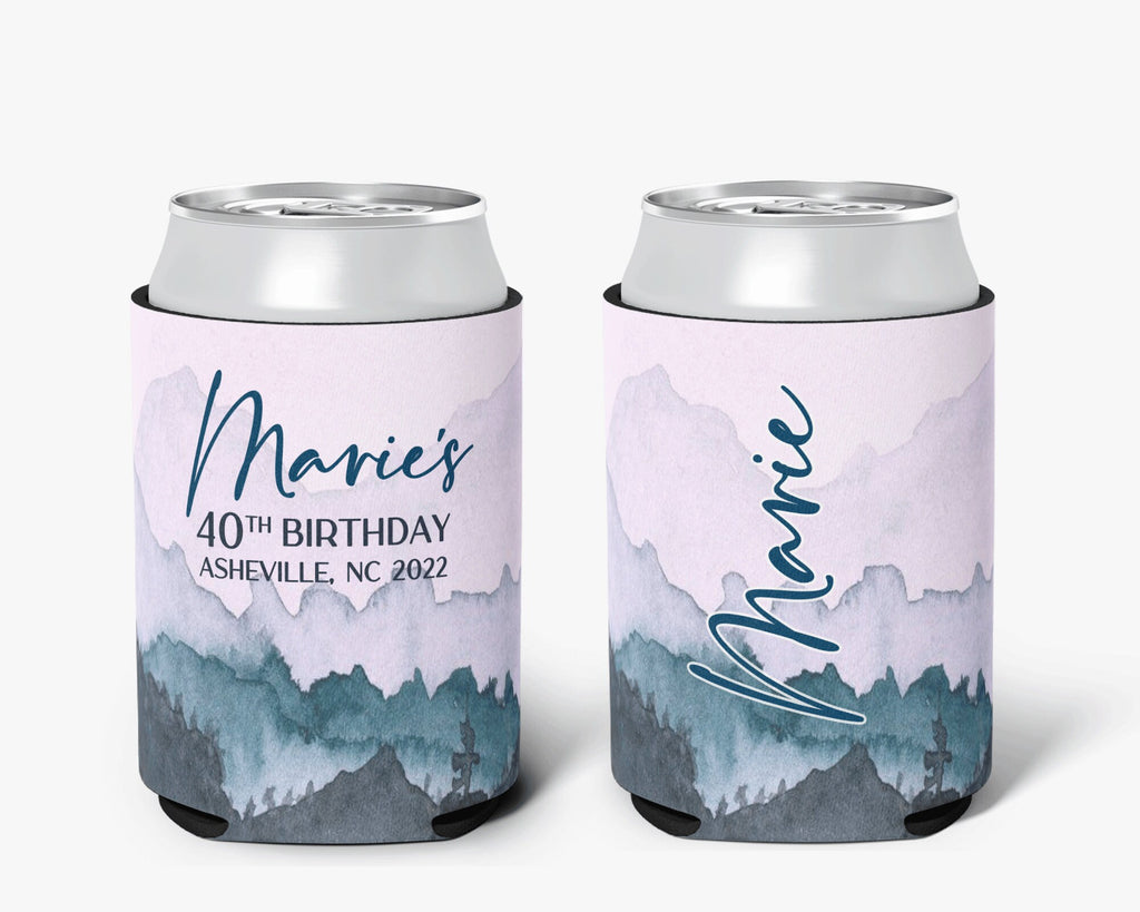 Personalized Mountain Theme Can Cooler - Pink & Gray Mountain Birthday Trip Cooler Sleeve