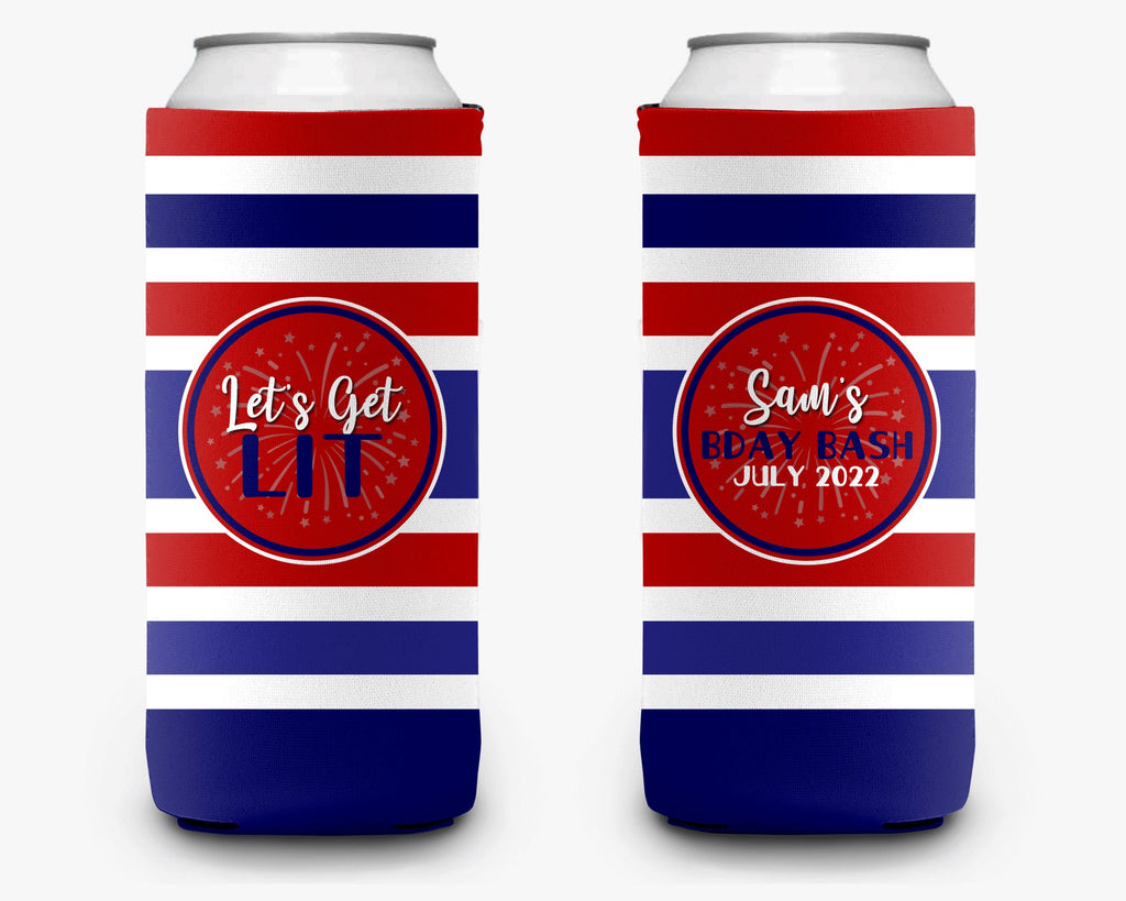 Red White Blue Stripe Can Cooler USA Personalized Can Cooler Lets Get Lit Slim and Regular Sleeve