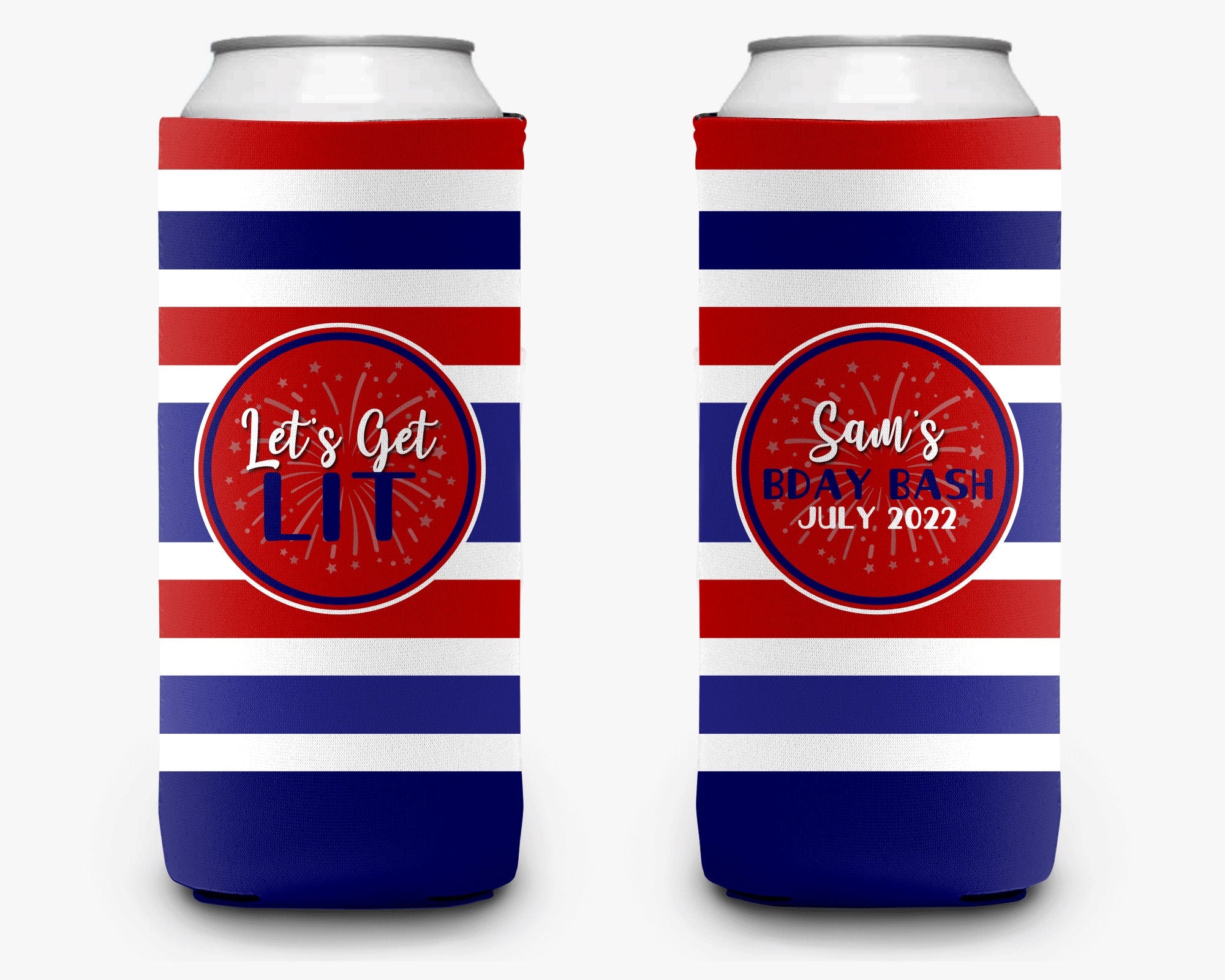 Red White Blue Stripe Can Cooler USA Personalized Can Cooler Lets Get Lit Slim and Regular Sleeve