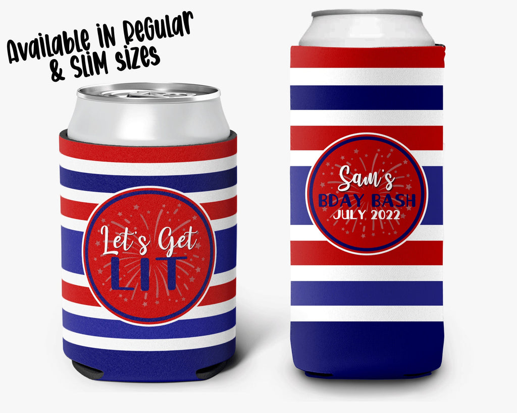 Red White Blue Stripe Can Cooler USA Personalized Can Cooler Lets Get Lit Slim and Regular Sleeve