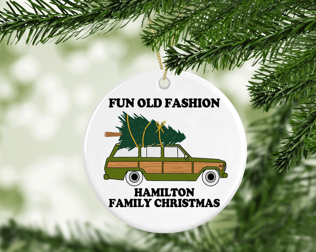 Personalized Family Woody Station Wagon Christmas Ornament, Custom Fun Old Family Christmas Ornament