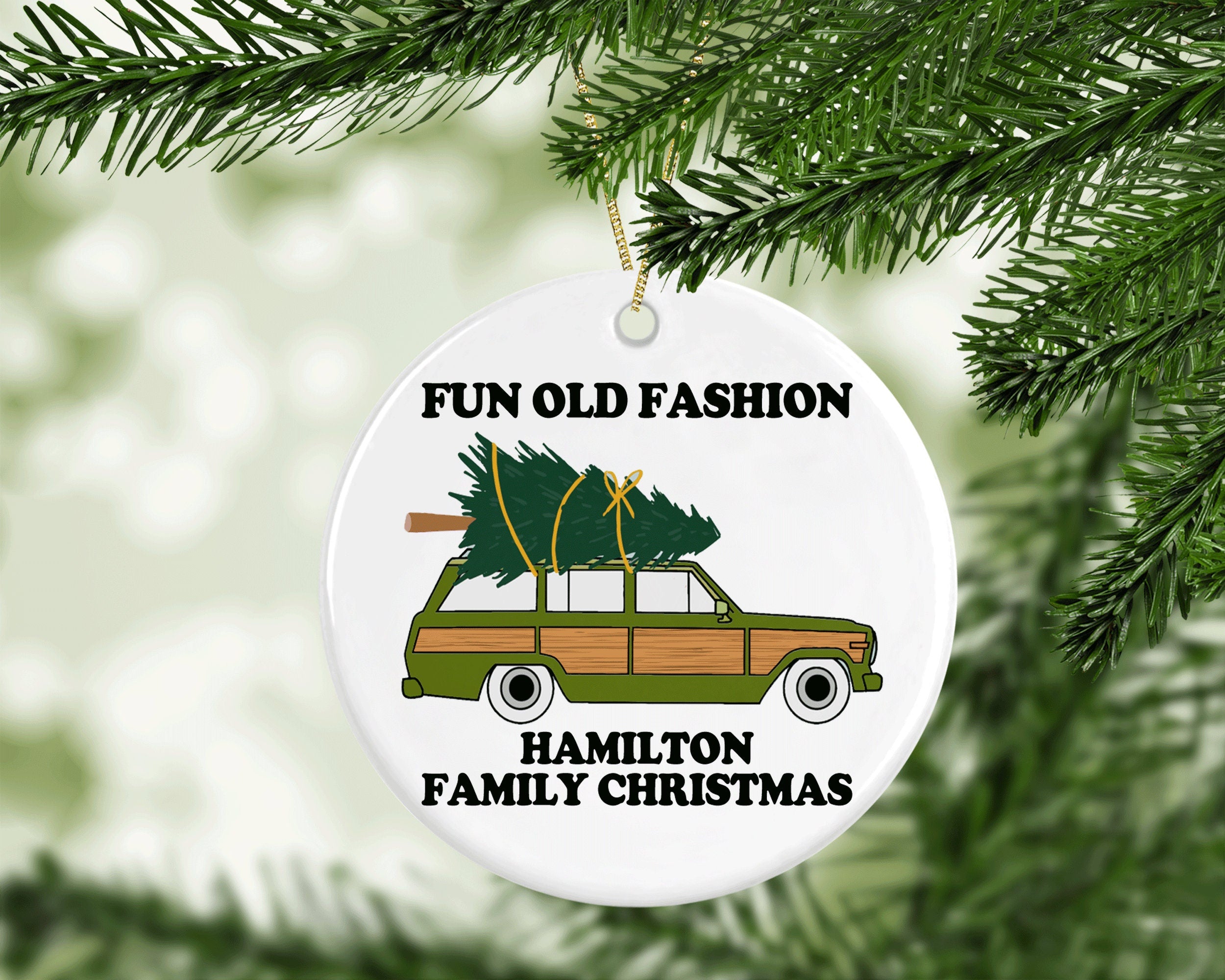 Personalized Family Woody Station Wagon Christmas Ornament, Custom Fun Old Family Christmas Ornament