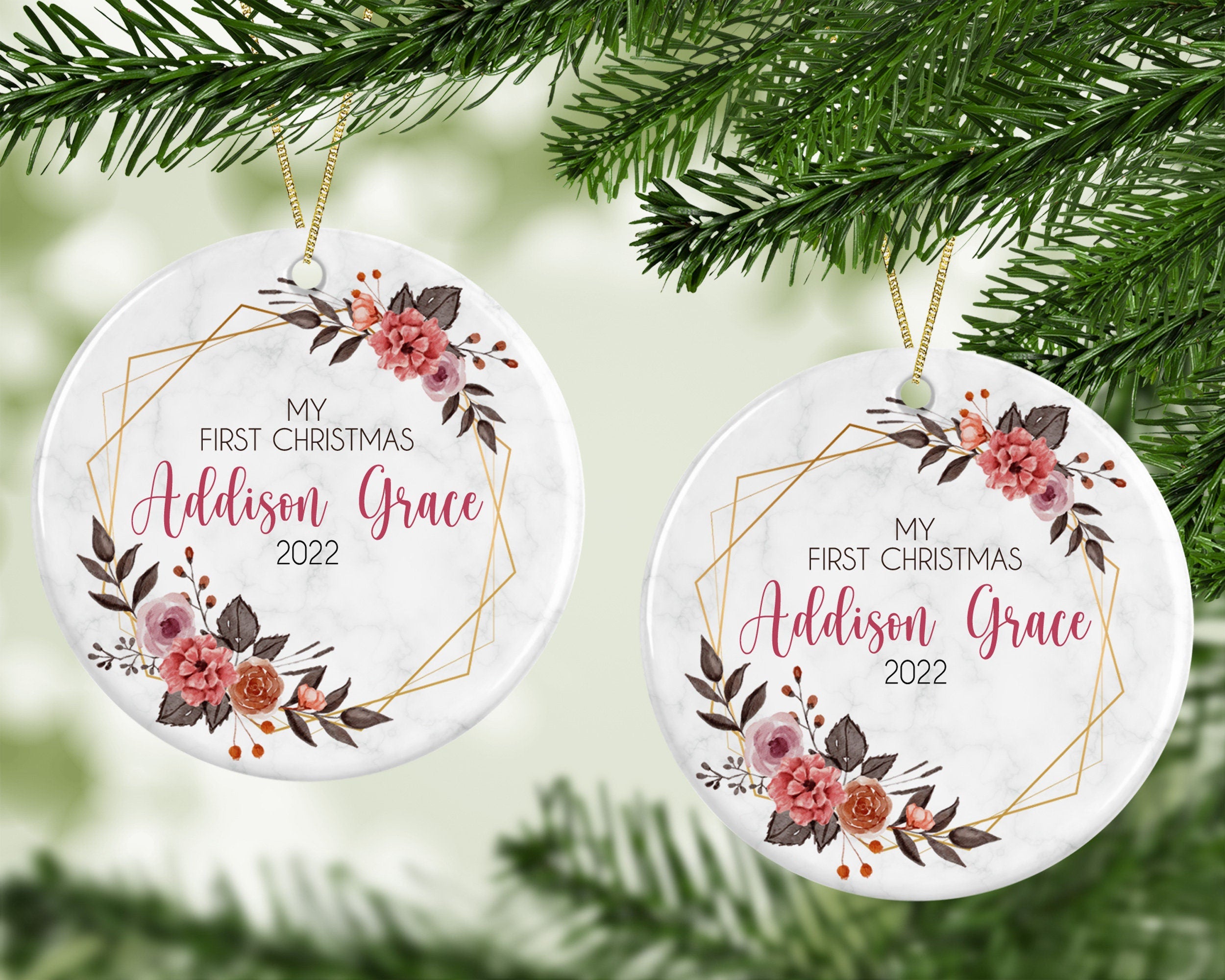 Personalized Name Ornament, Gold Floral Border 2022 Ornament, First Christmas Ornament