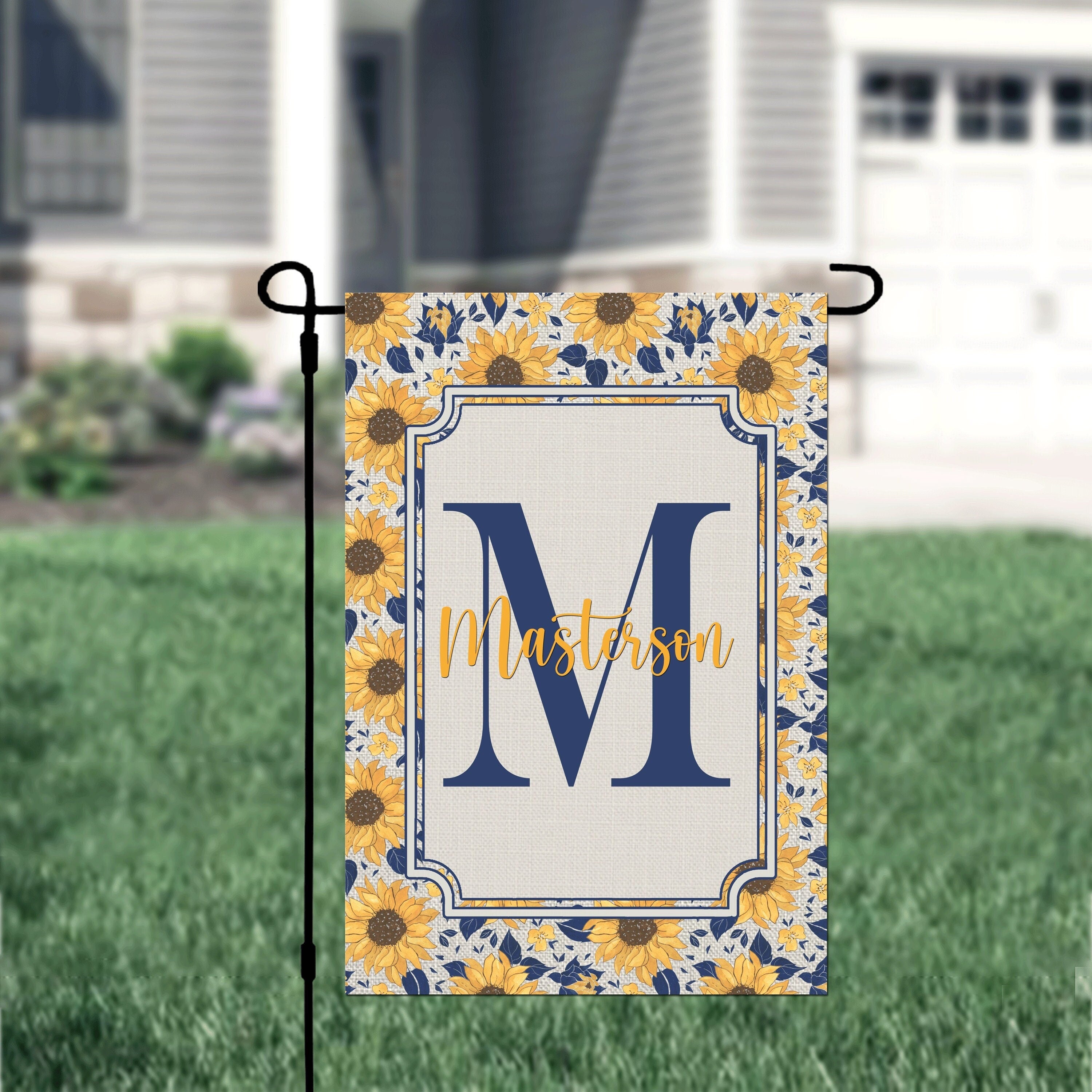 Personalized Welcome Sunflower Name Garden Flag, Custom Monogram Farmhouse Garden Flag