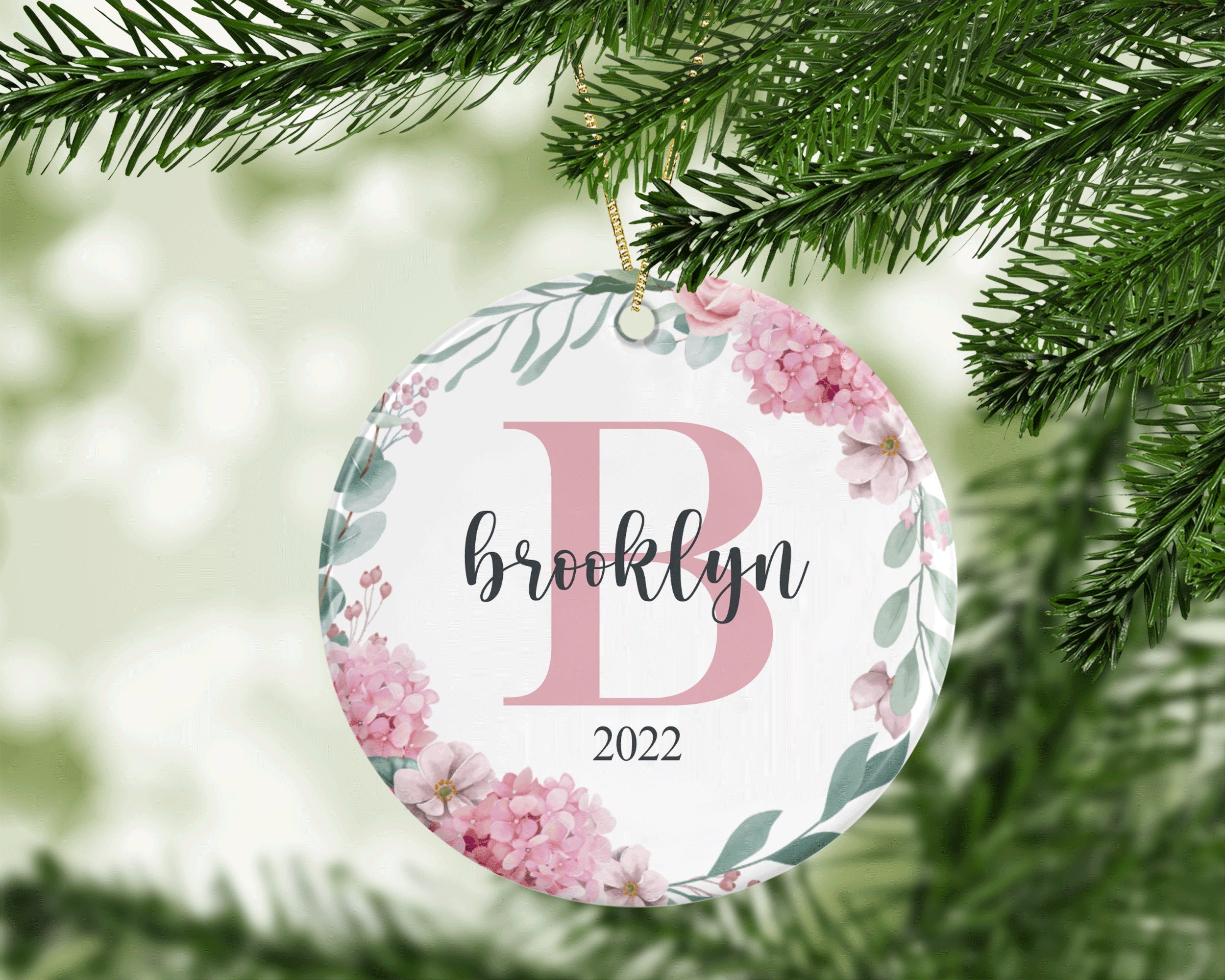 Personalized Letter Name Ornament, Pink Floral Border 2022 Ornament, Custom Monogram Ornament