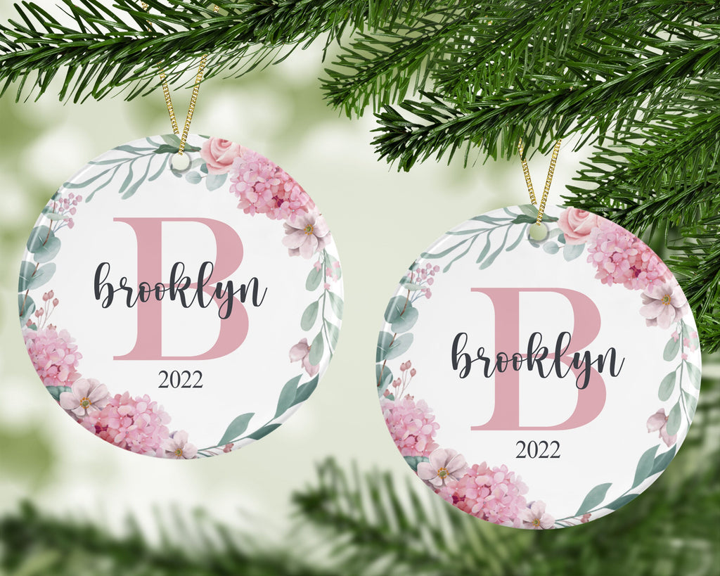 Personalized Letter Name Ornament, Pink Floral Border 2022 Ornament, Custom Monogram Ornament