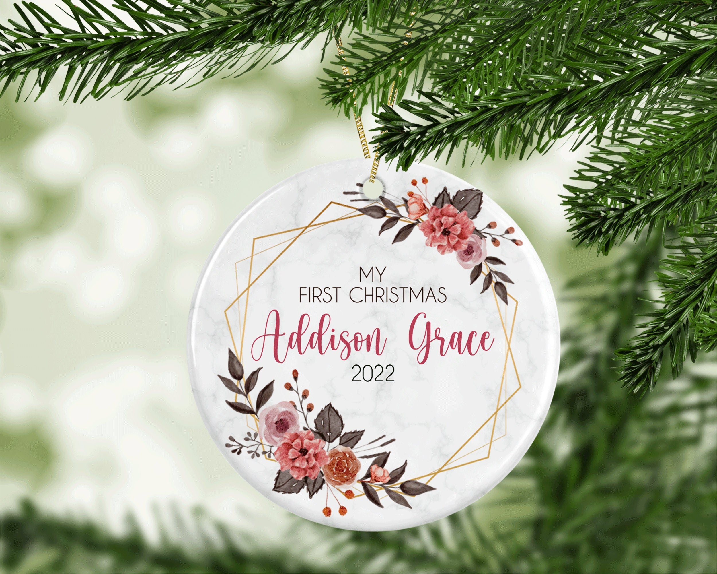 Personalized Name Ornament, Gold Floral Border 2022 Ornament, First Christmas Ornament