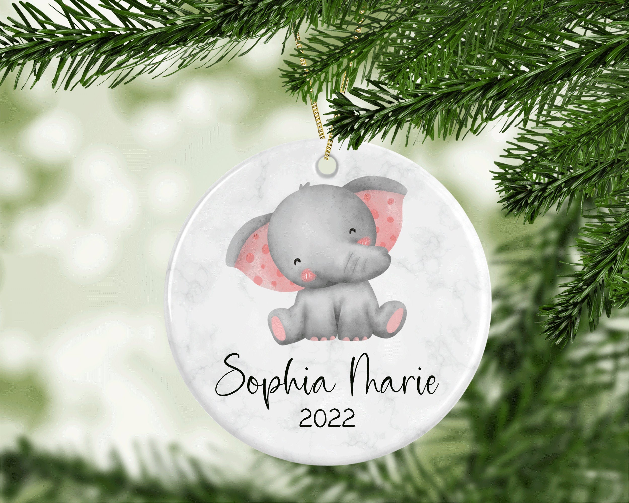 Personalized Name Ornament, Pink Elephant 2022 Ornament, First Christmas Custom Ornament