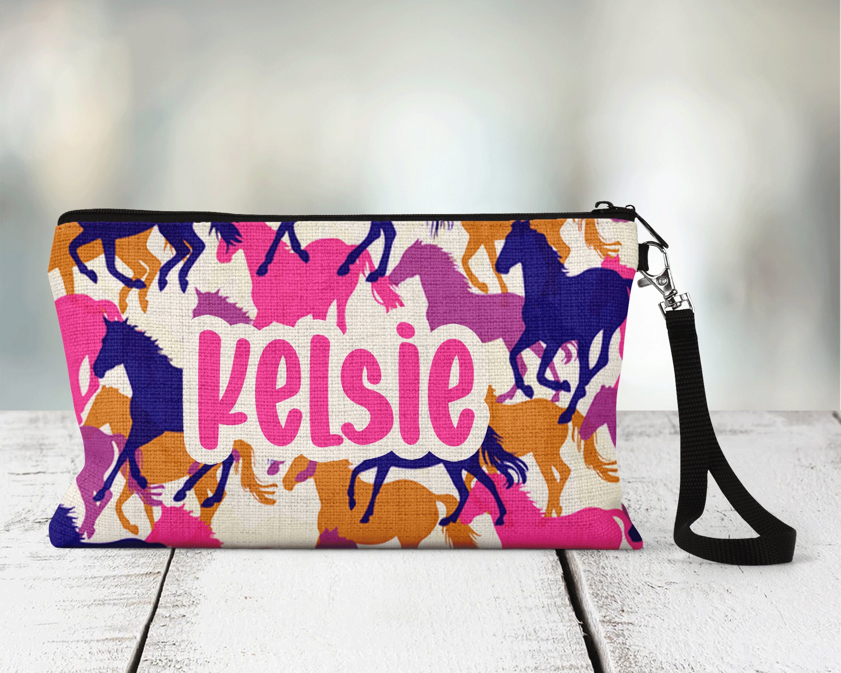 Horse Zippered Pouch, Personalized Team Makeup Bag, Sports Accessory Bag, Custom Team Bag