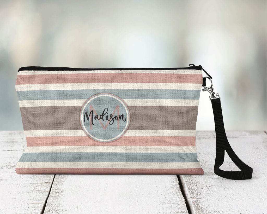 Pink Stripe Zippered Pouch, Personalized Makeup Bag, Travel Accessory Bag, Custom Bachelorette Travel Bag