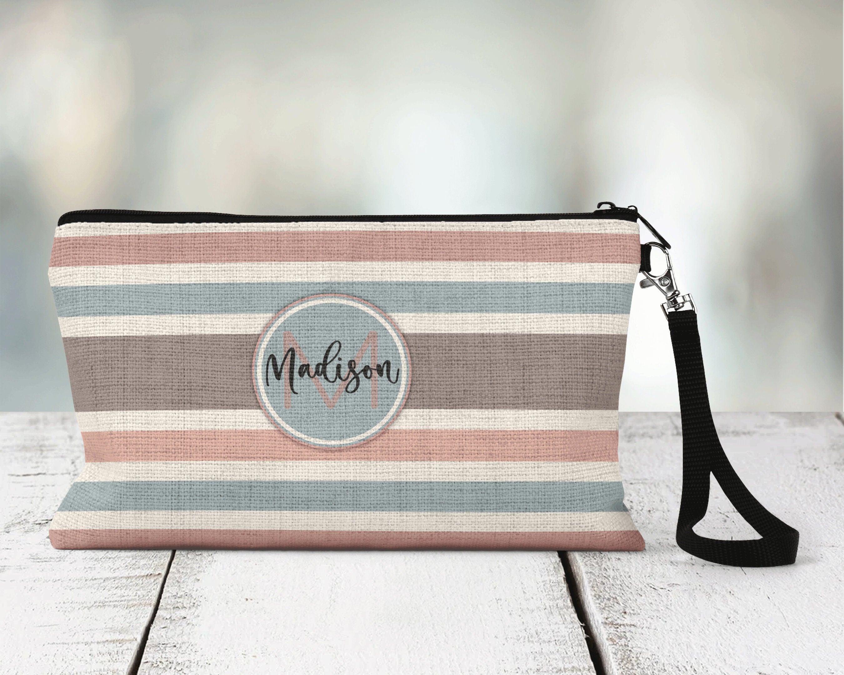 Pink Stripe Zippered Pouch, Personalized Makeup Bag, Travel Accessory Bag, Custom Bachelorette Travel Bag
