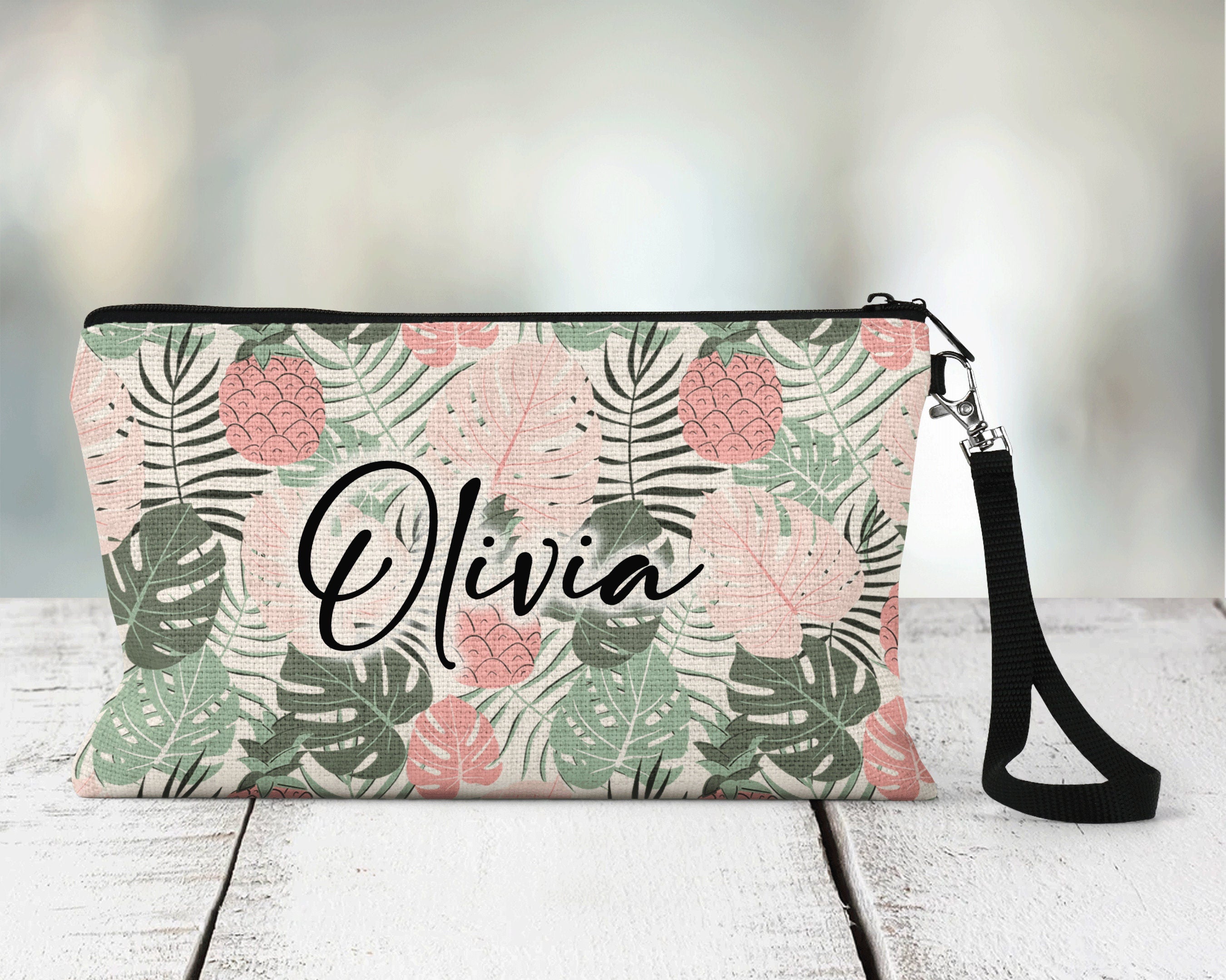 Pink Palm Zippered Pouch, Personalized Makeup Bag, Travel Accessory Bag, Custom Bachelorette Travel Bag