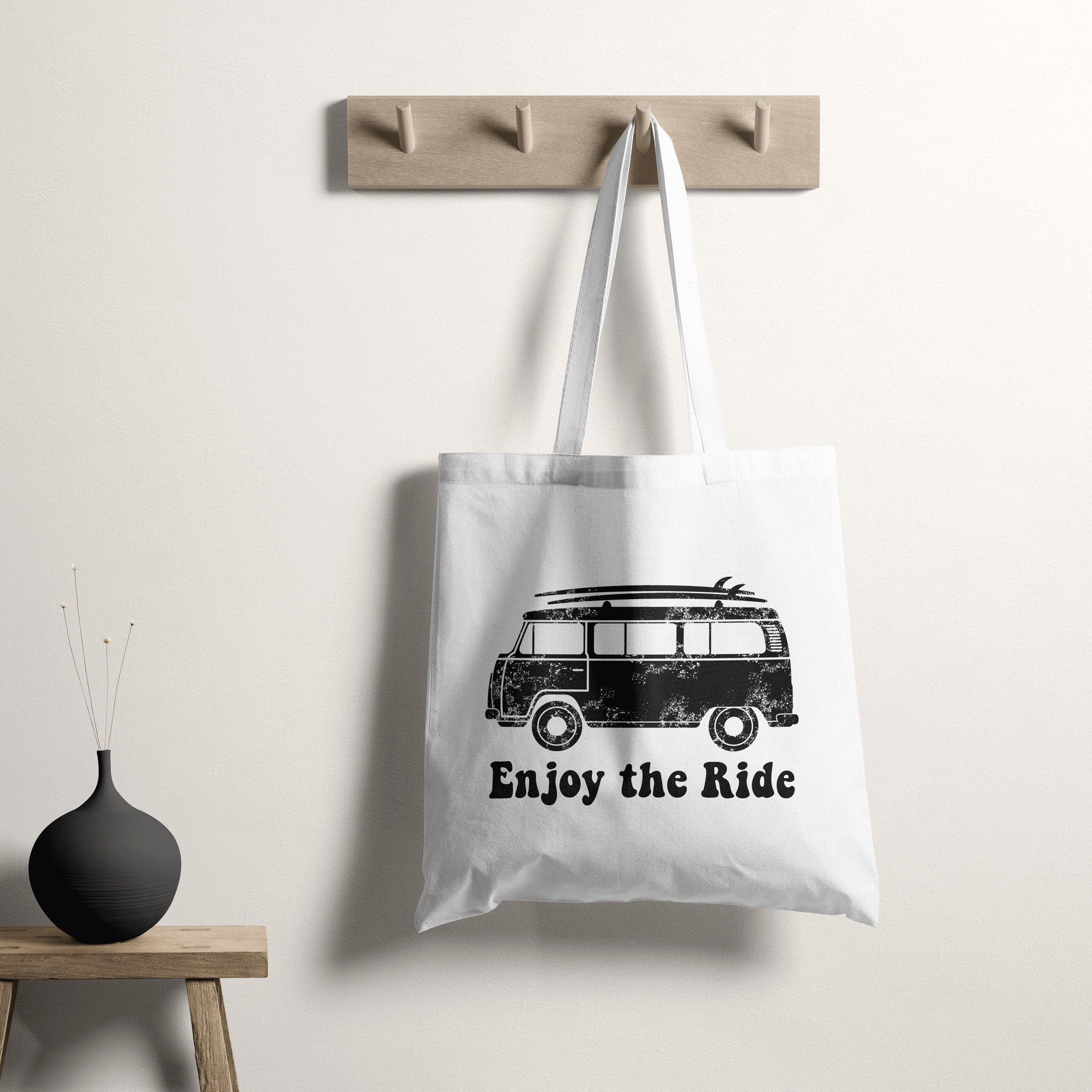 Enjoy the Ride VW Bus Tote Bag, Travel Tote Gift, White Canvas Tote, Girls Weekend Tote