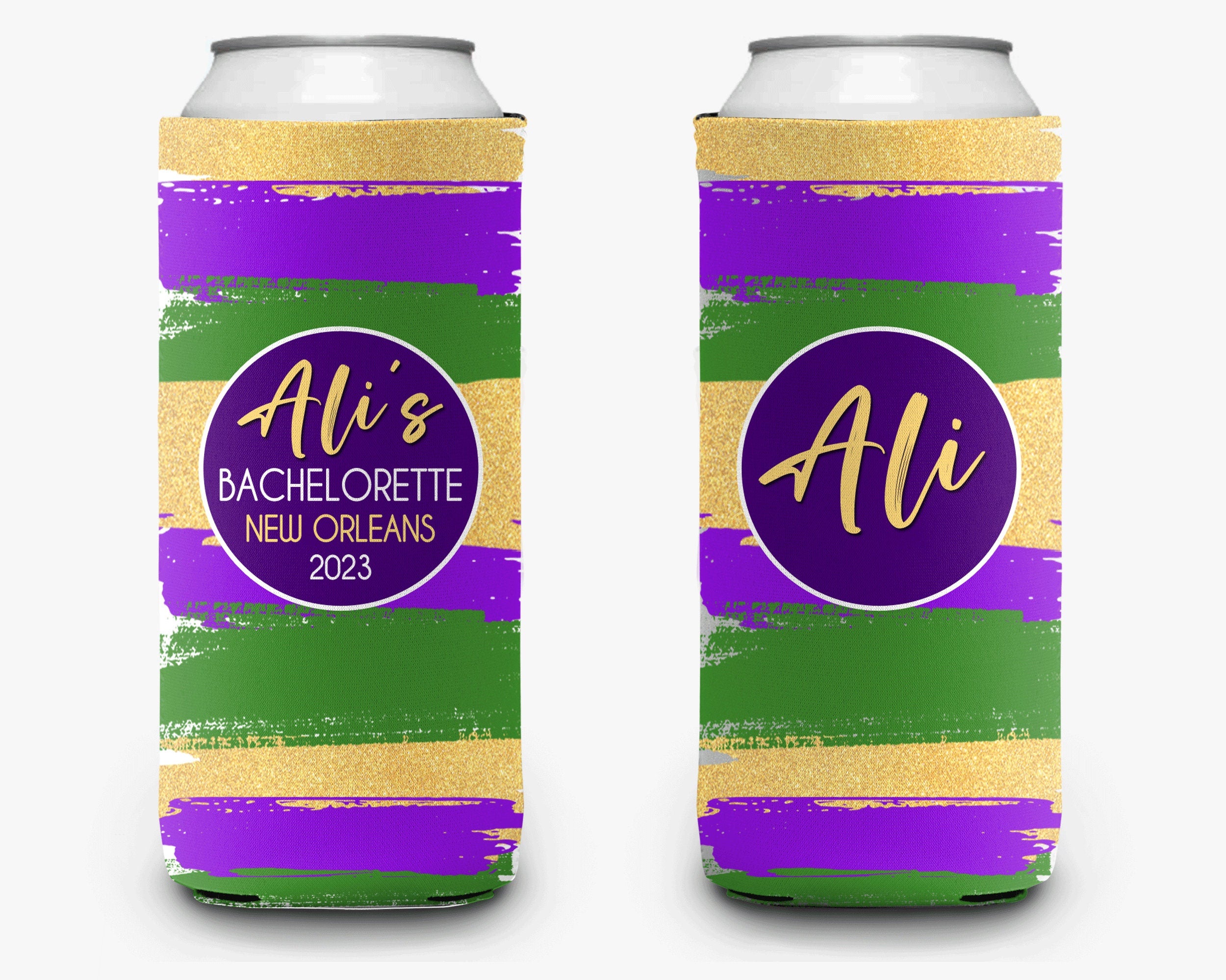 Bachelorette Party Can Cooler Mardi Gras Bridal Party New Orleans Theme Personalized Can Cooler Sleeve