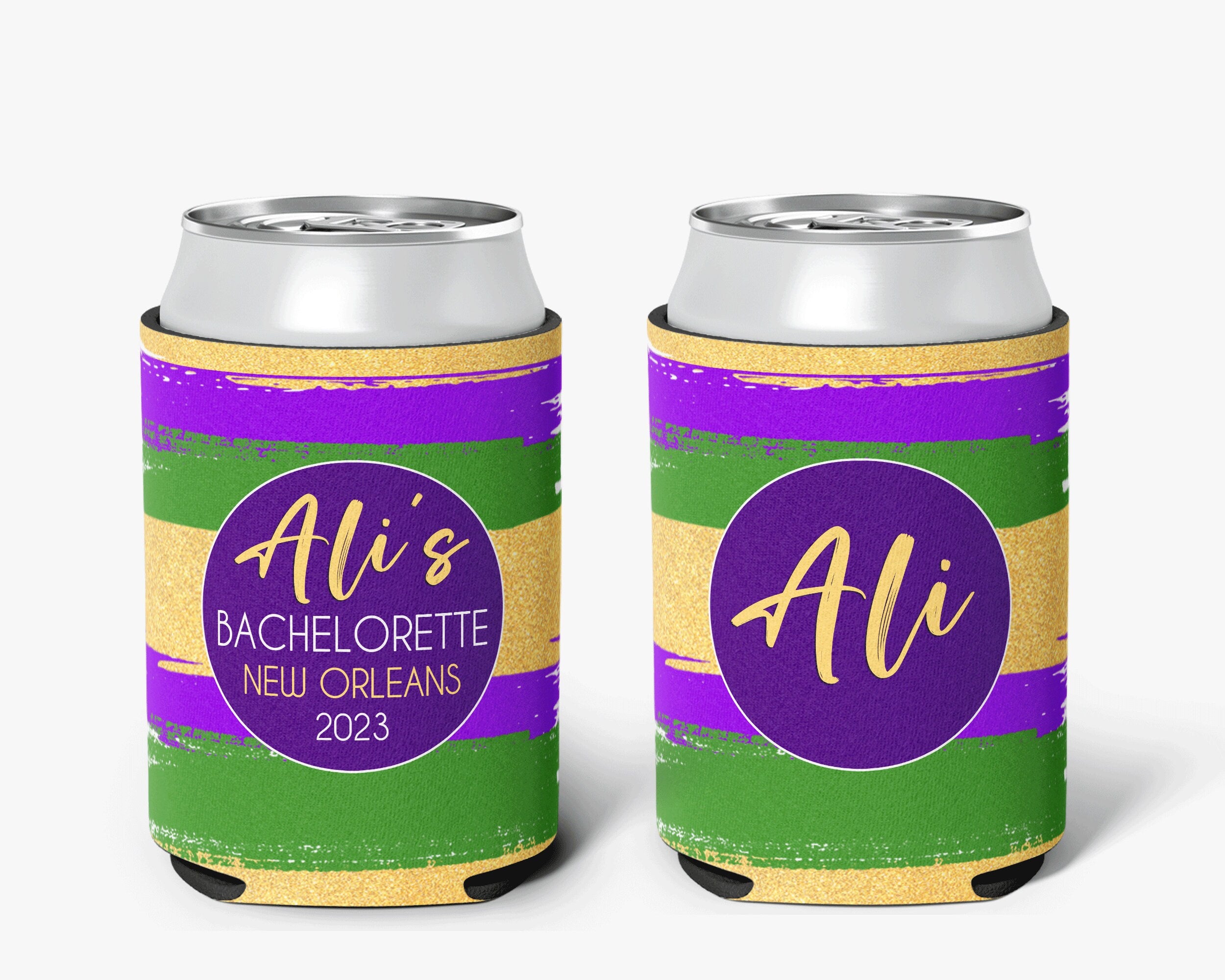Bachelorette Party Can Cooler Mardi Gras Bridal Party New Orleans Theme Personalized Can Cooler Sleeve