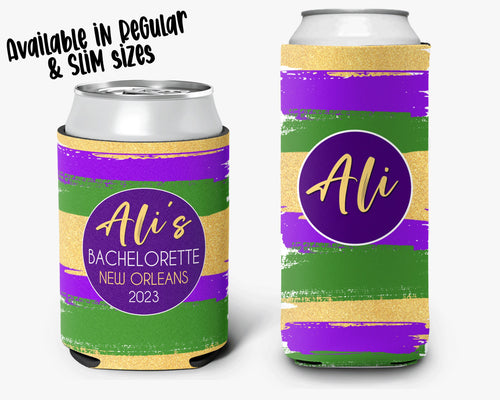 Bachelorette Party Can Cooler Mardi Gras Bridal Party New Orleans Theme Personalized Can Cooler Sleeve