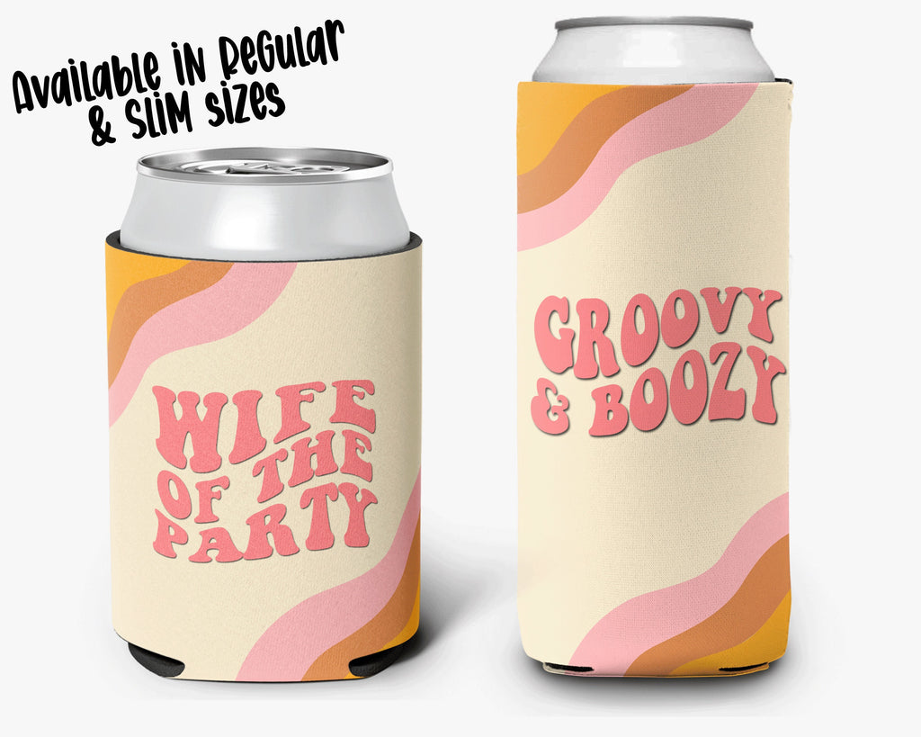 Bachelorette Party Can Cooler Groovy Theme Retro Bridal Party Theme Personalized Can Cooler Sleeve