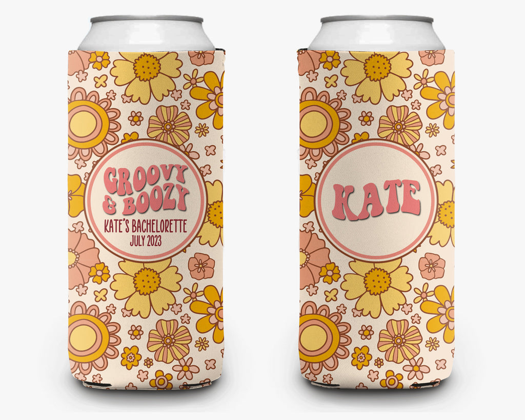 Bachelorette Party Can Cooler Groovy Boozy Theme Flower Power Retro Bridal Party Theme Personalized Can Cooler Sleeve