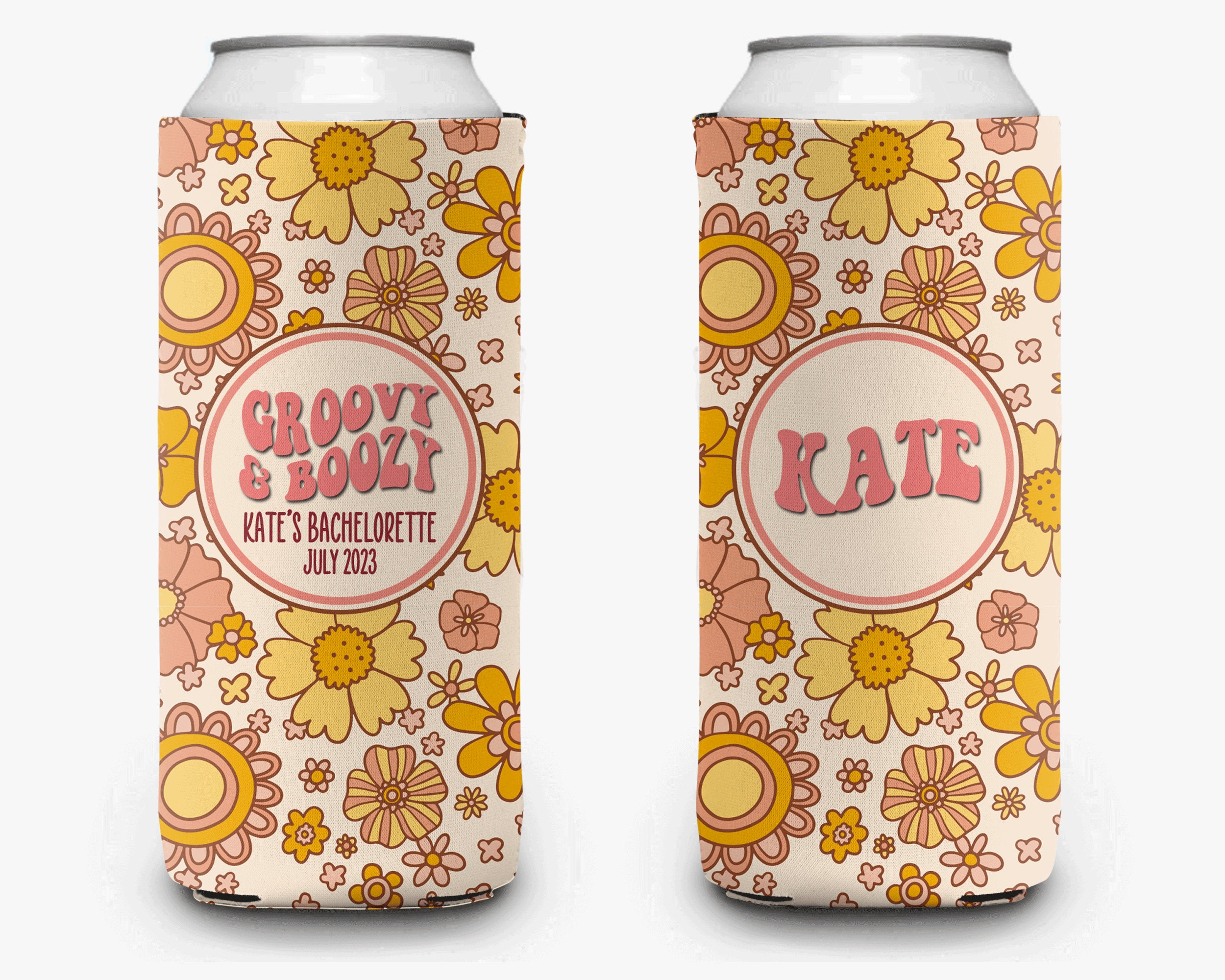 Bachelorette Party Can Cooler Groovy Boozy Theme Flower Power Retro Bridal Party Theme Personalized Can Cooler Sleeve