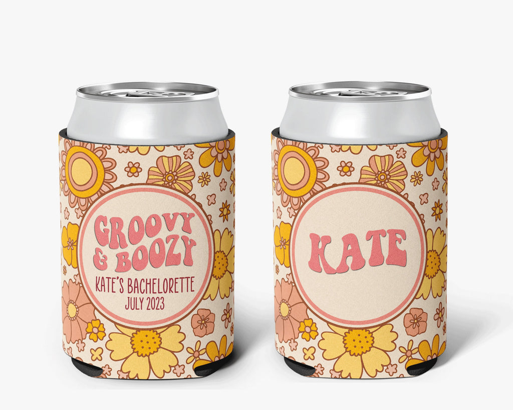 Bachelorette Party Can Cooler Groovy Boozy Theme Flower Power Retro Bridal Party Theme Personalized Can Cooler Sleeve
