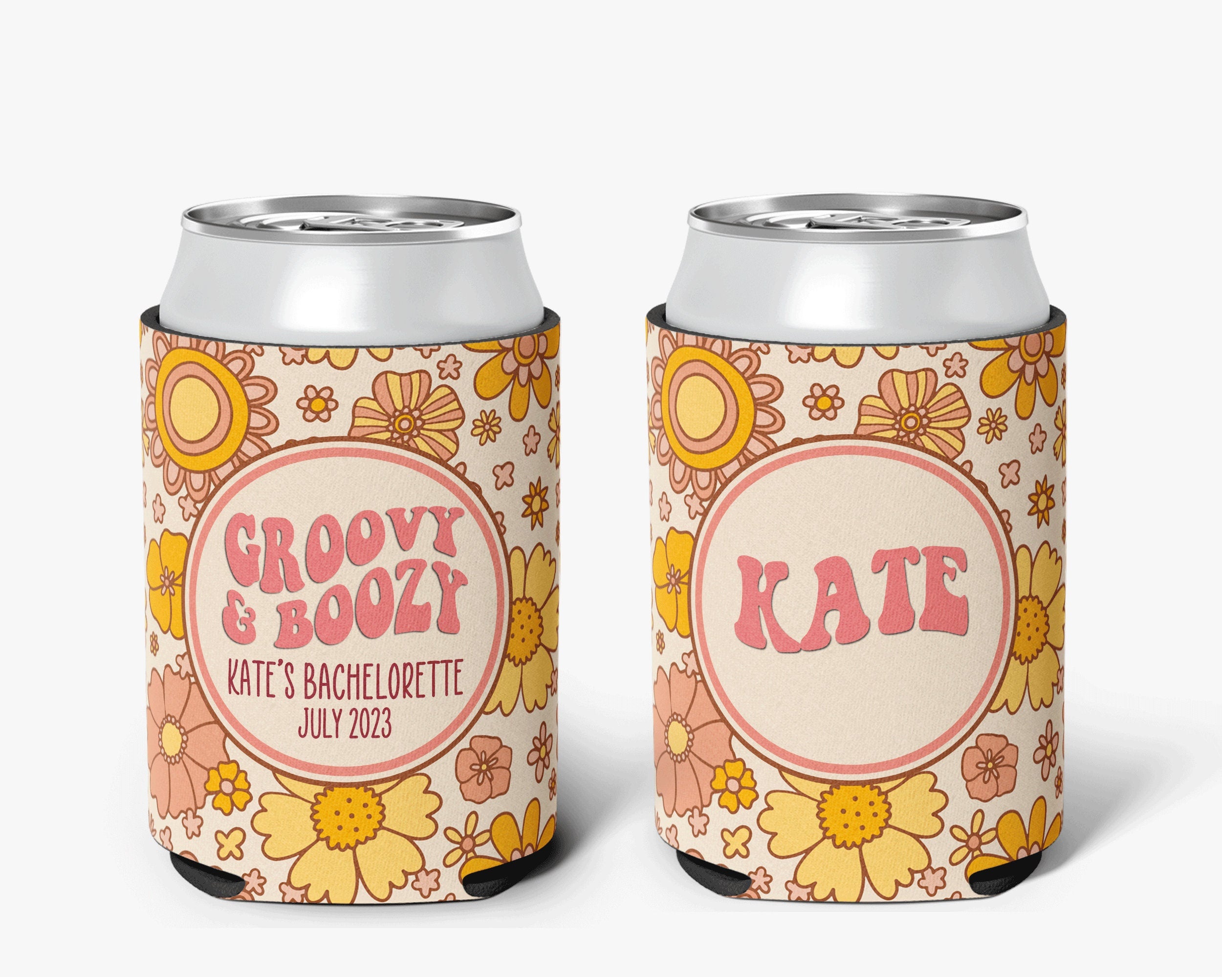 Bachelorette Party Can Cooler Groovy Boozy Theme Flower Power Retro Bridal Party Theme Personalized Can Cooler Sleeve
