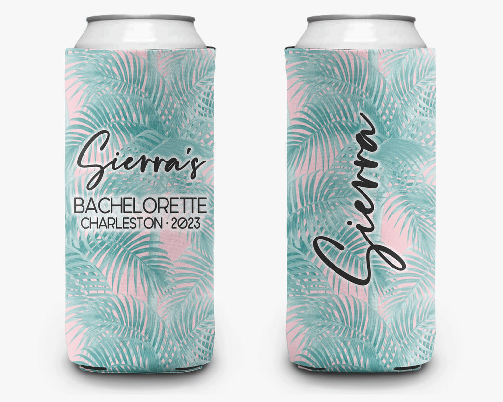 Tropical Palm Event Can Cooler Beach Bachelorette Party Huggers Personalized Can Cooler Sleeve