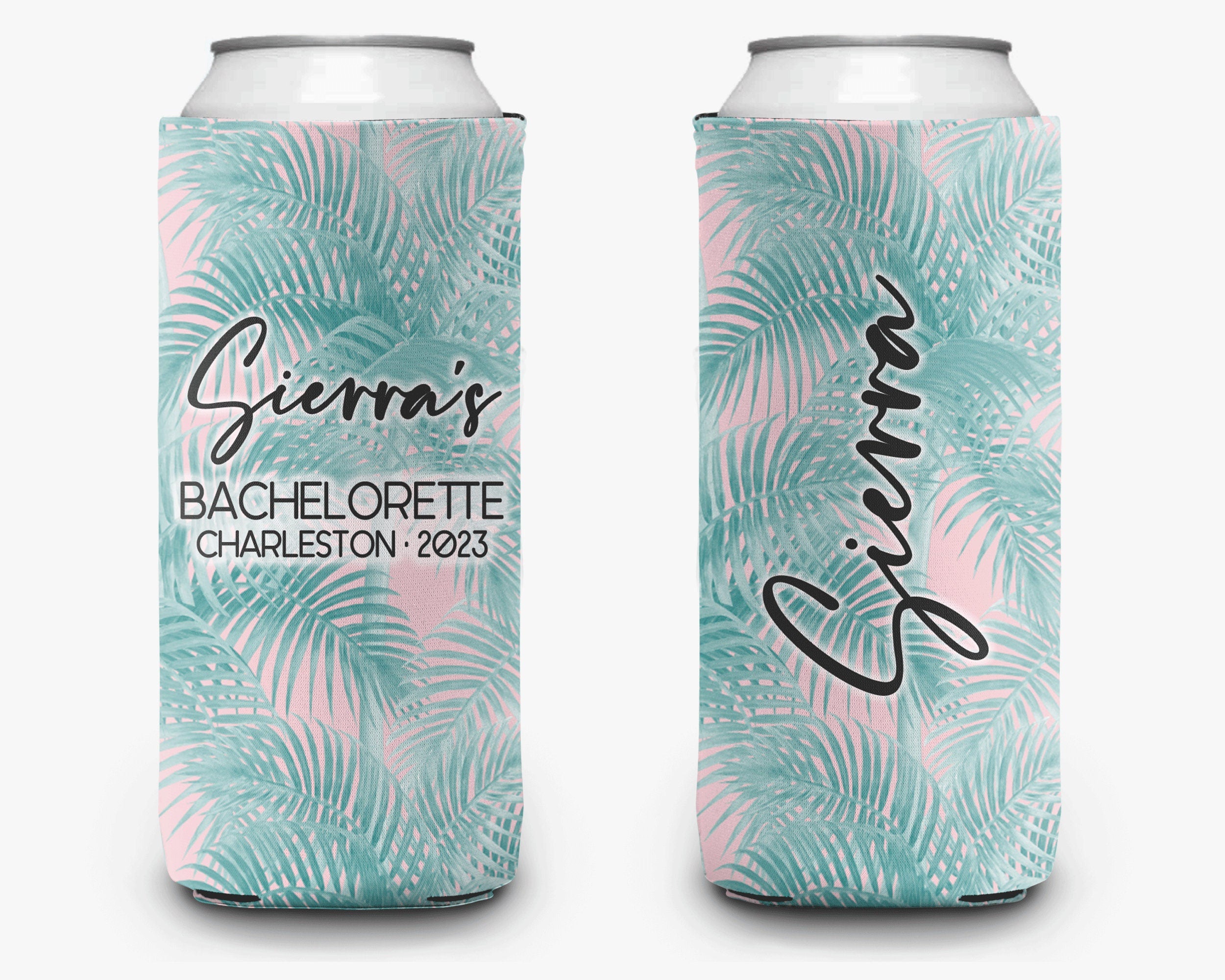 Tropical Palm Event Can Cooler Beach Bachelorette Party Huggers Personalized Can Cooler Sleeve