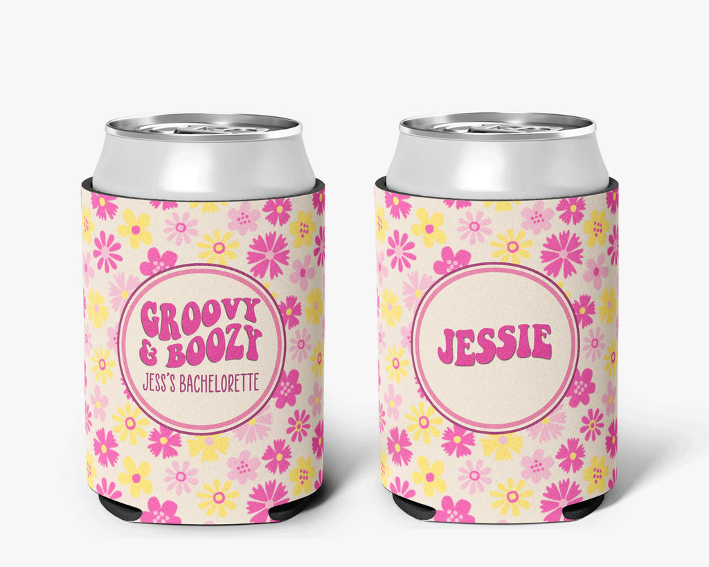 Bachelorette Party Can Cooler Groovy Boozy Theme Pink Flower Power Retro Bridal Party Theme Personalized Can Cooler Sleeve