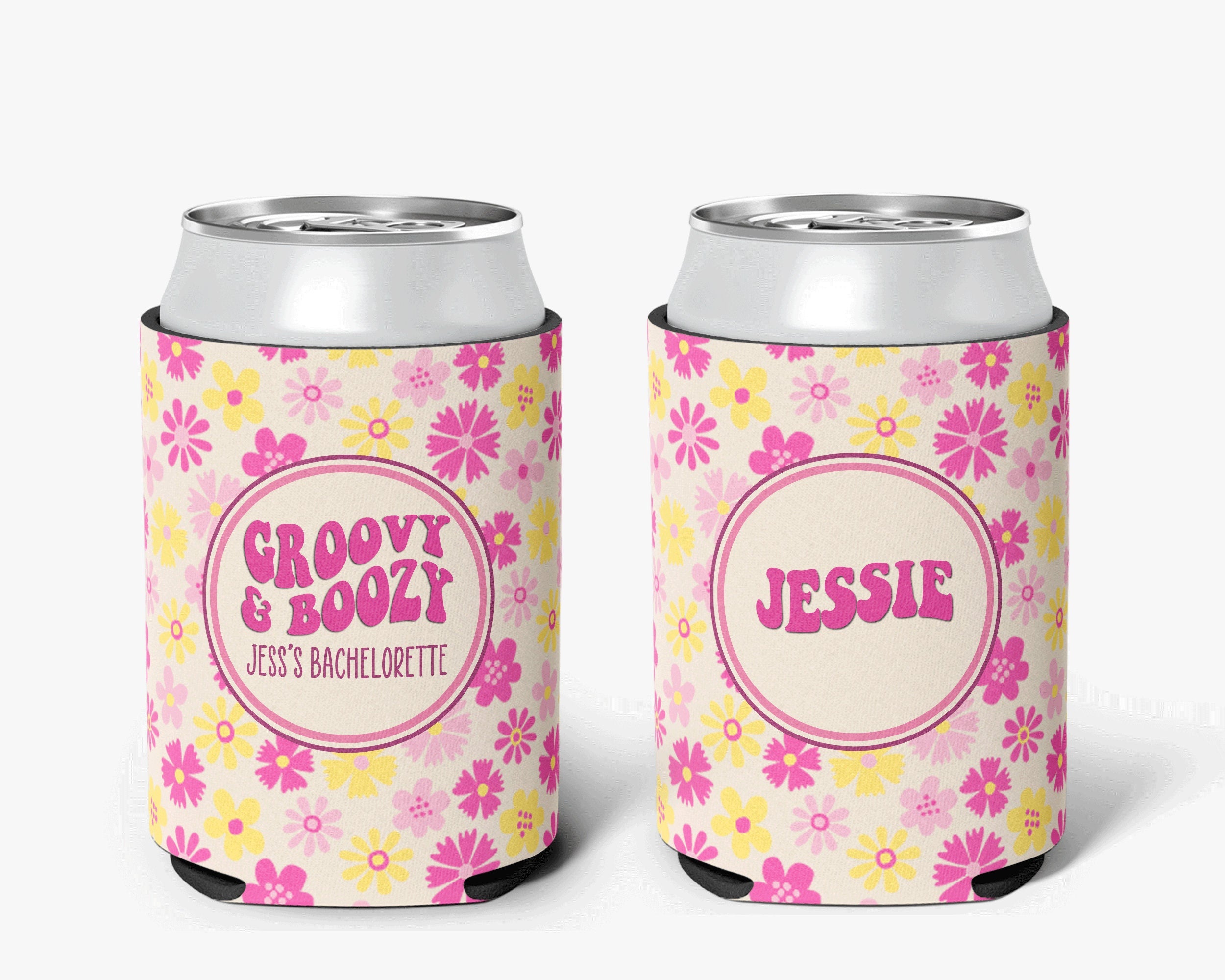 Bachelorette Party Can Cooler Groovy Boozy Theme Pink Flower Power Retro Bridal Party Theme Personalized Can Cooler Sleeve