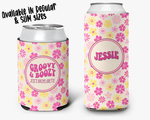Bachelorette Party Can Cooler Groovy Boozy Theme Pink Flower Power Retro Bridal Party Theme Personalized Can Cooler Sleeve