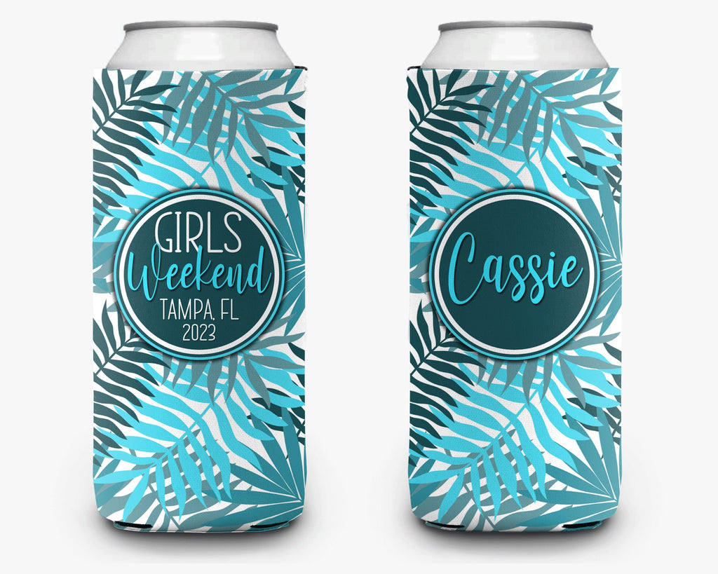 Tropical Palm Girls Weekend Can Cooler Beach Event Bachelorette Party Huggers Personalized Can Cooler Sleeve