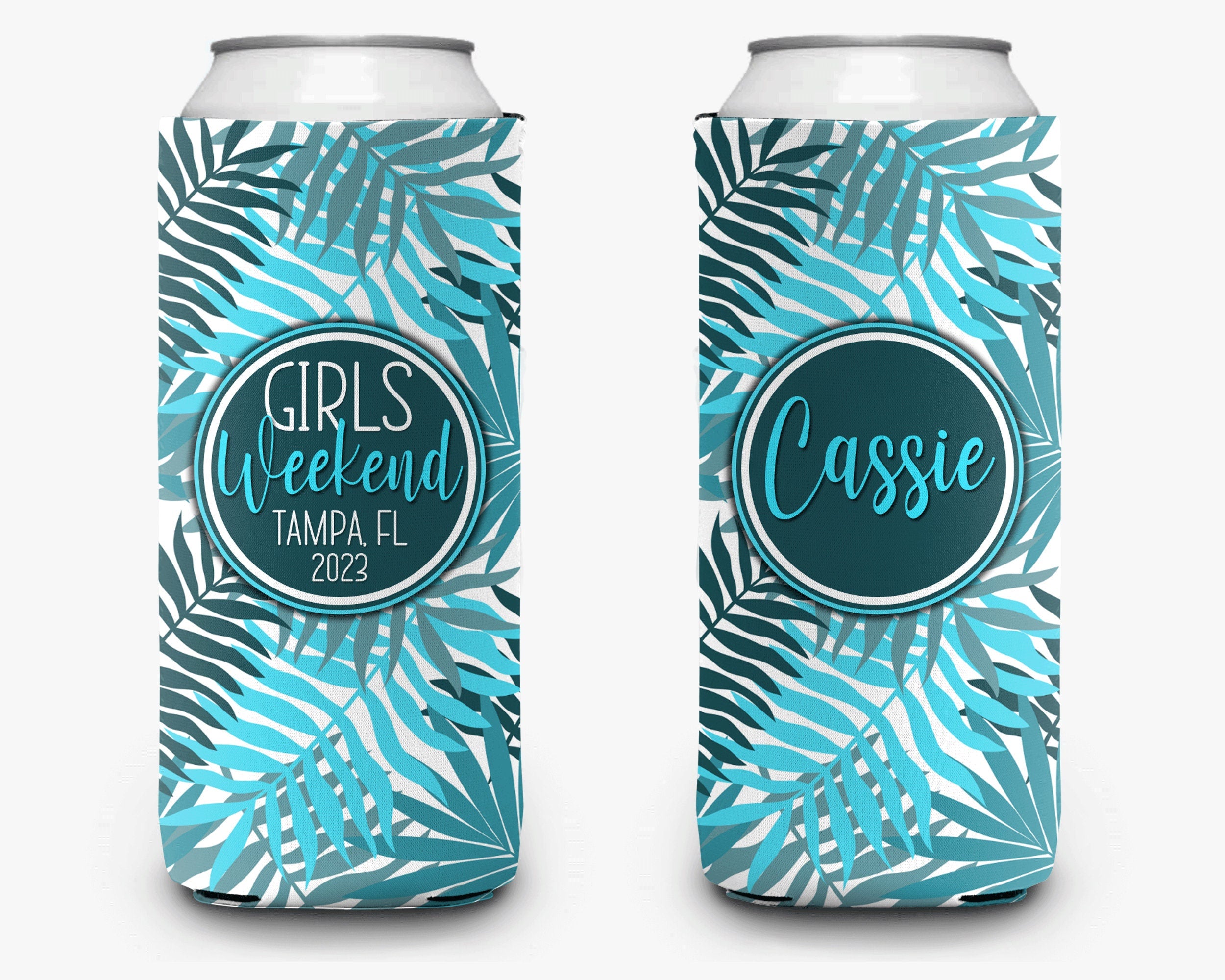 Tropical Palm Girls Weekend Can Cooler Beach Event Bachelorette Party Huggers Personalized Can Cooler Sleeve