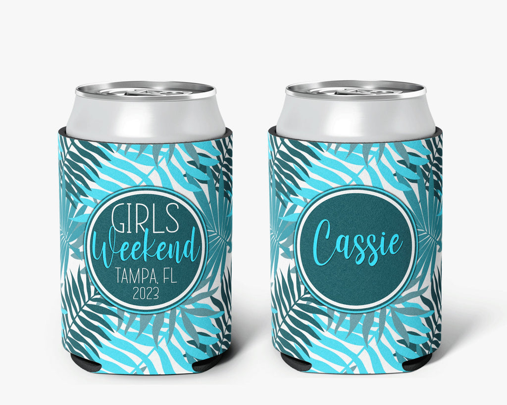 Tropical Palm Girls Weekend Can Cooler Beach Event Bachelorette Party Huggers Personalized Can Cooler Sleeve