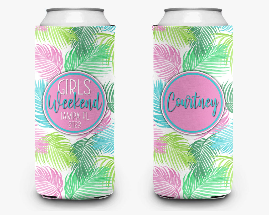 Tropical Palm Girls Weekend Can Cooler Bright Beach Event Bachelorette Party Huggers Personalized Can Cooler Sleeve