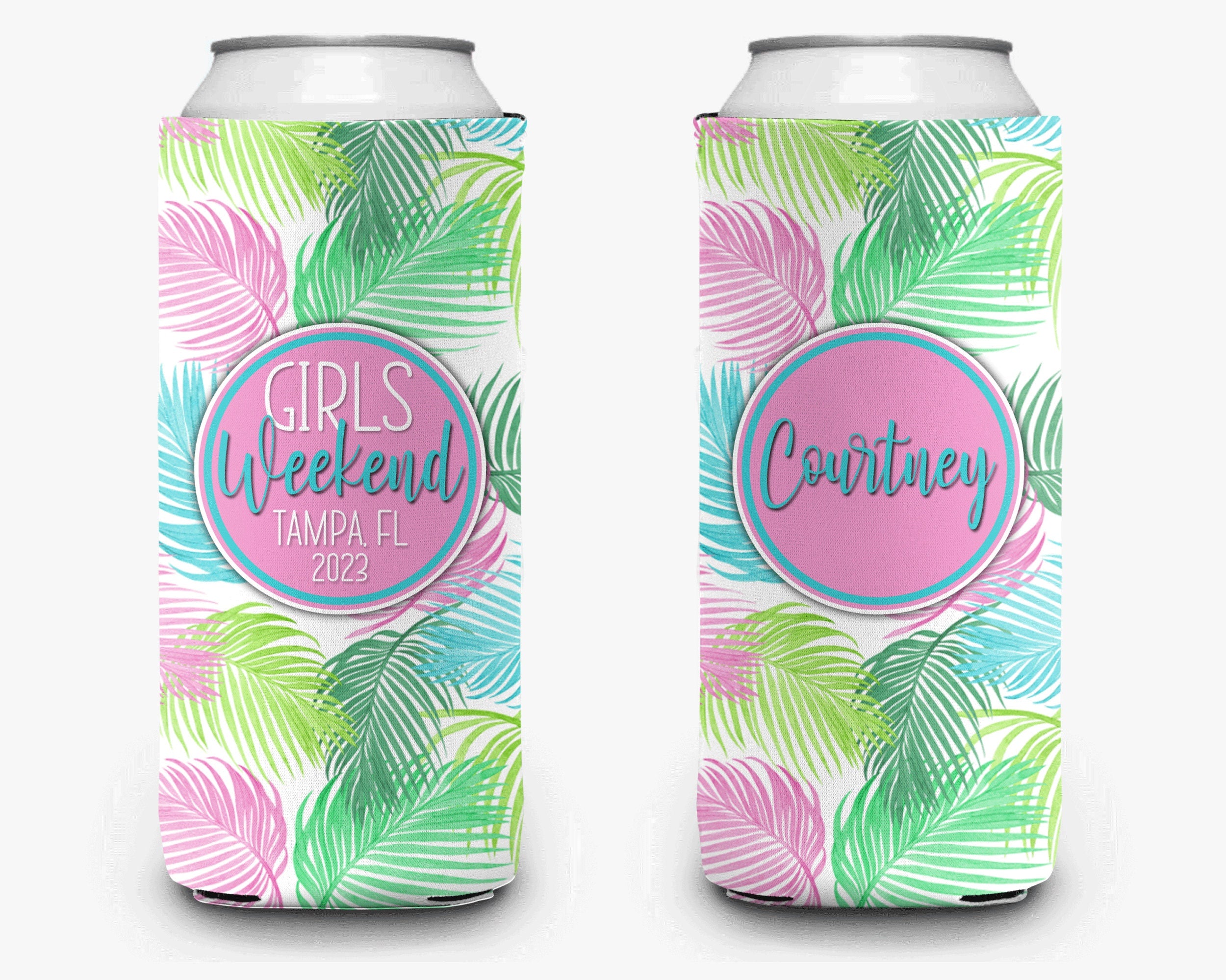 Tropical Palm Girls Weekend Can Cooler Bright Beach Event Bachelorette Party Huggers Personalized Can Cooler Sleeve