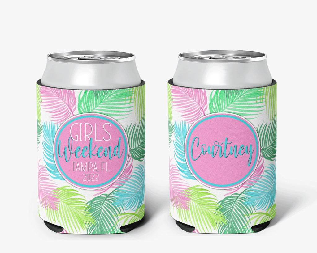 Tropical Palm Girls Weekend Can Cooler Bright Beach Event Bachelorette Party Huggers Personalized Can Cooler Sleeve