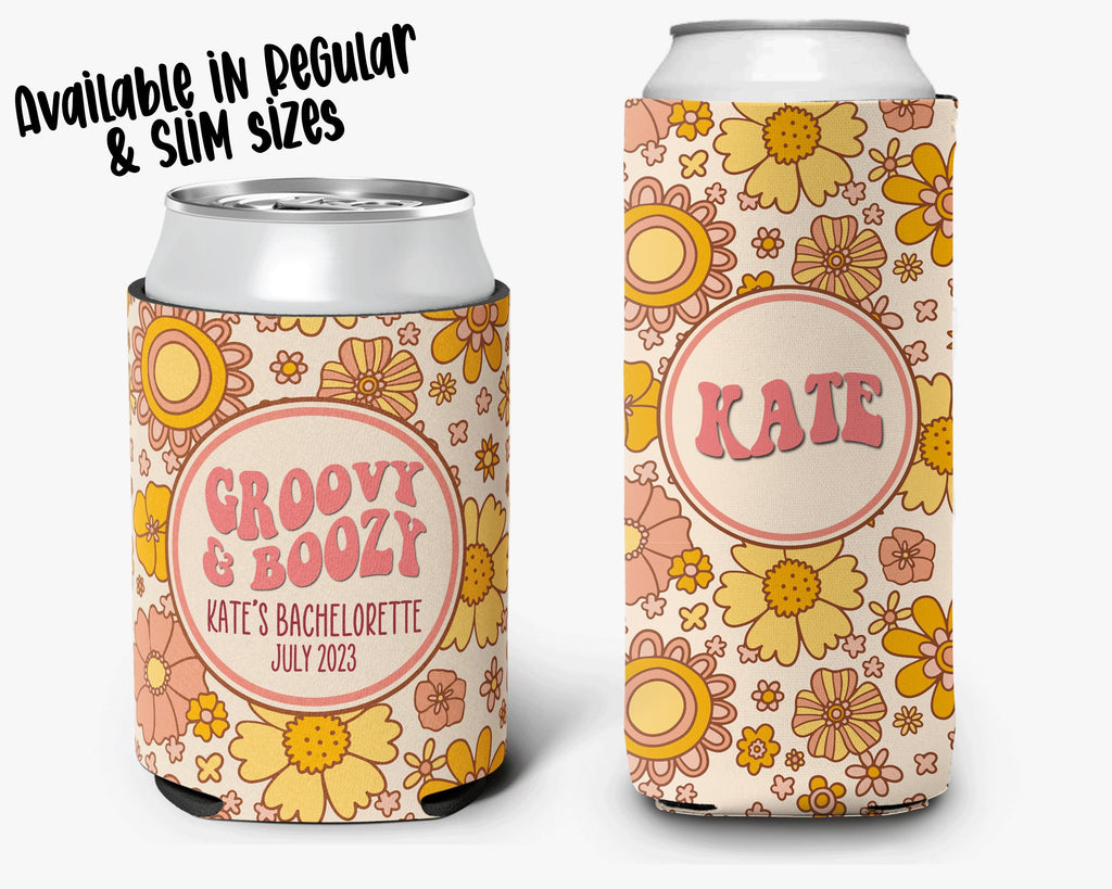 Bachelorette Party Can Cooler Groovy Boozy Theme Flower Power Retro Bridal Party Theme Personalized Can Cooler Sleeve