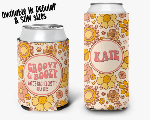 Bachelorette Party Can Cooler Groovy Boozy Theme Flower Power Retro Bridal Party Theme Personalized Can Cooler Sleeve
