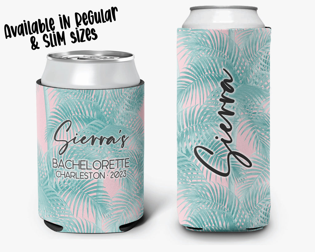 Tropical Palm Event Can Cooler Beach Bachelorette Party Huggers Personalized Can Cooler Sleeve
