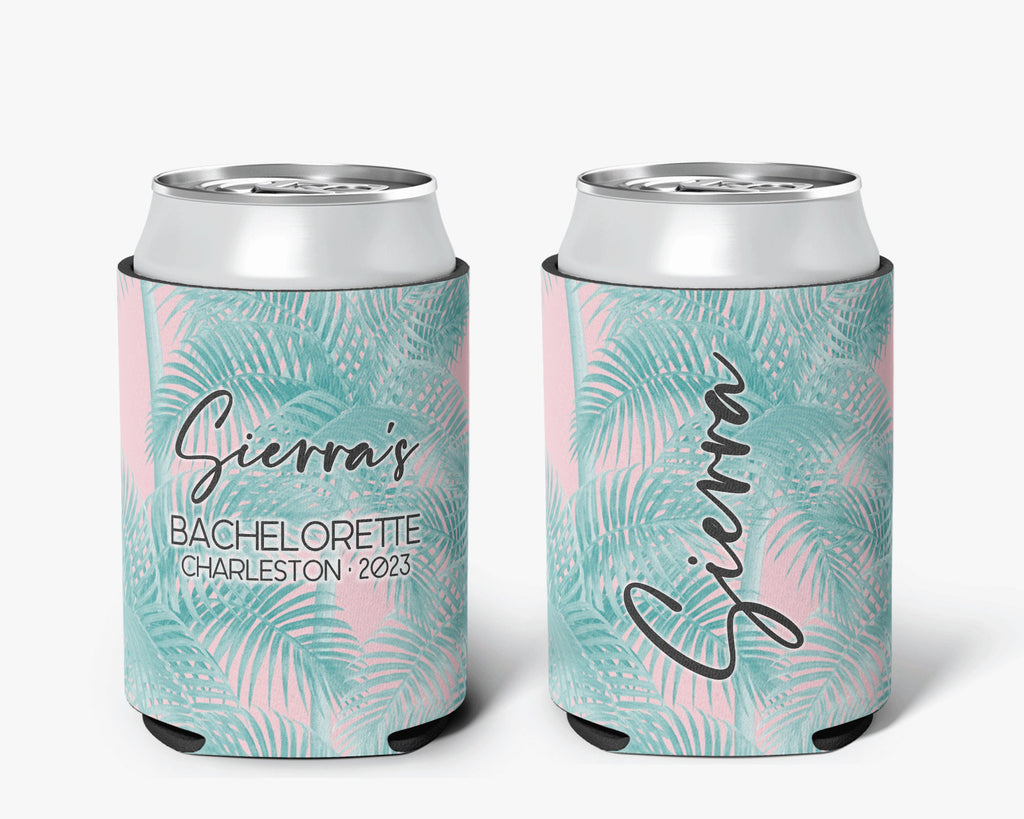 Tropical Palm Event Can Cooler Beach Bachelorette Party Huggers Personalized Can Cooler Sleeve
