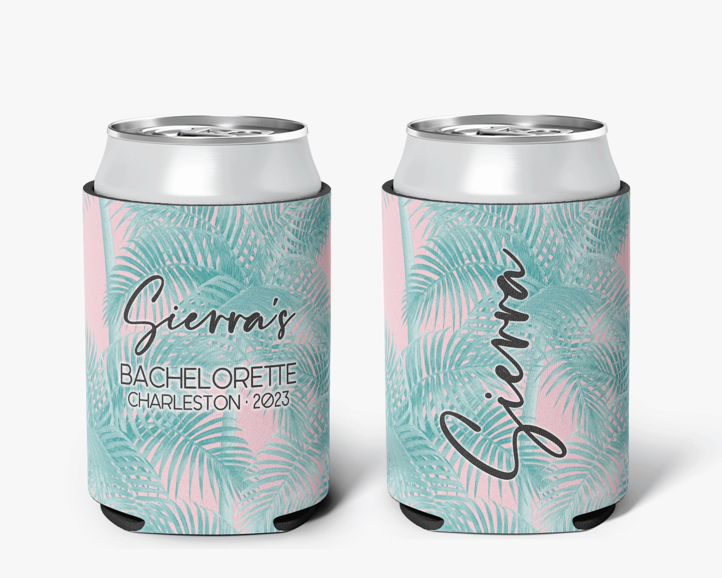 Tropical Palm Event Can Cooler Beach Bachelorette Party Huggers Personalized Can Cooler Sleeve
