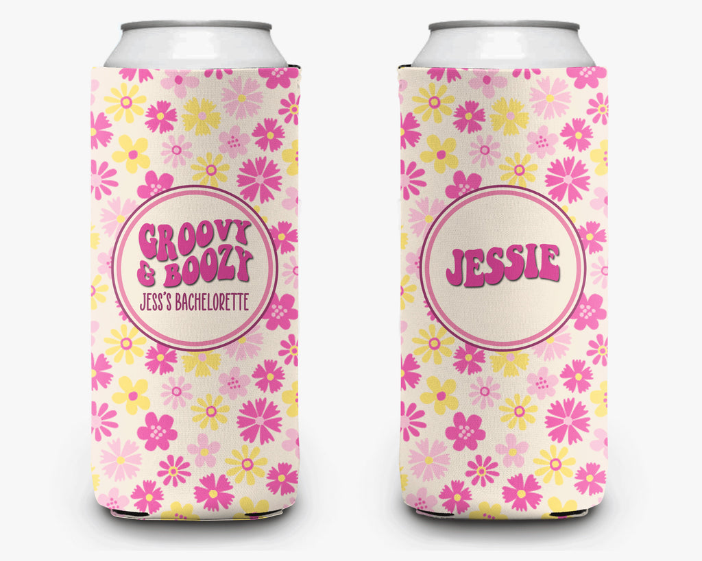 Bachelorette Party Can Cooler Groovy Boozy Theme Pink Flower Power Retro Bridal Party Theme Personalized Can Cooler Sleeve