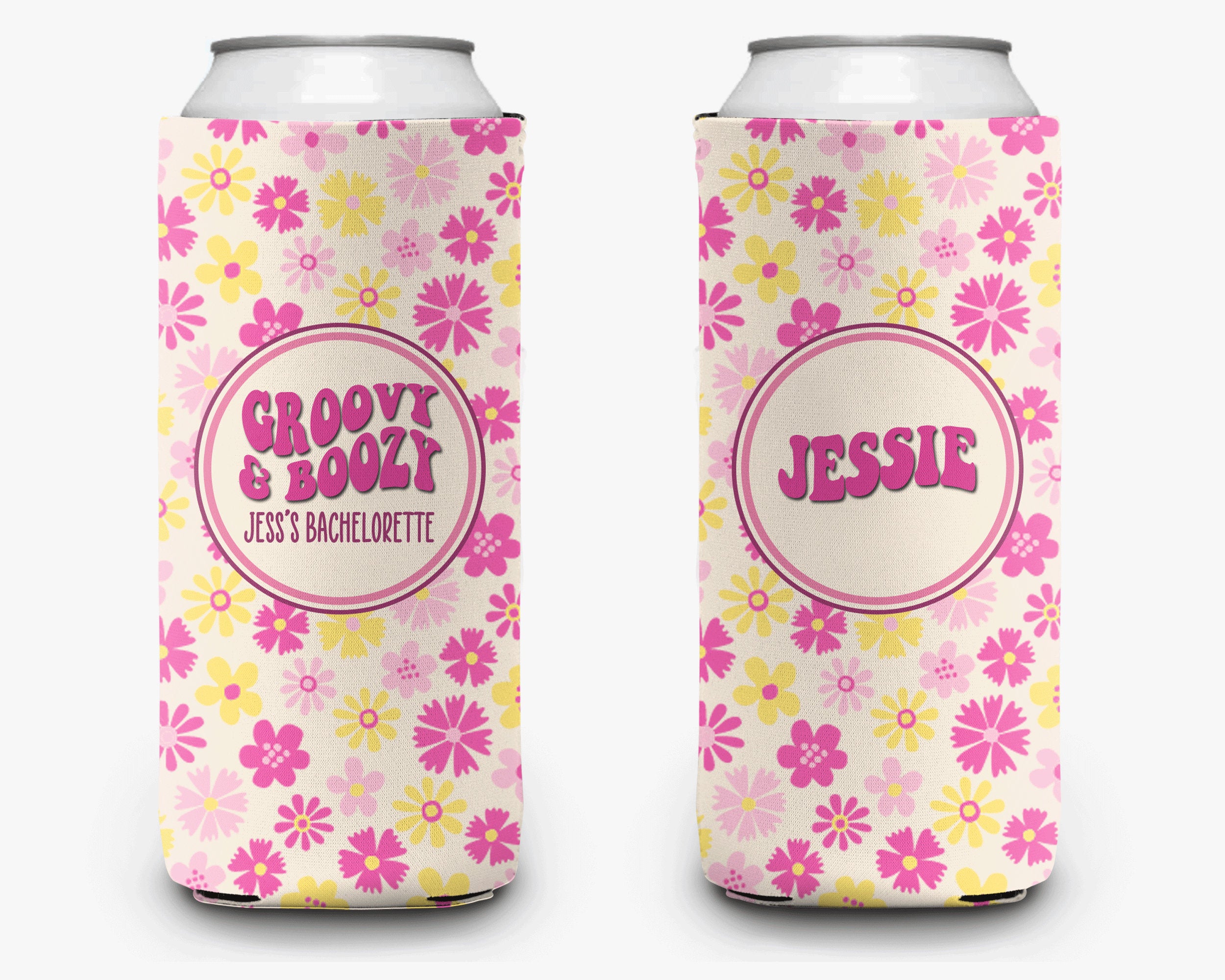 Bachelorette Party Can Cooler Groovy Boozy Theme Pink Flower Power Retro Bridal Party Theme Personalized Can Cooler Sleeve