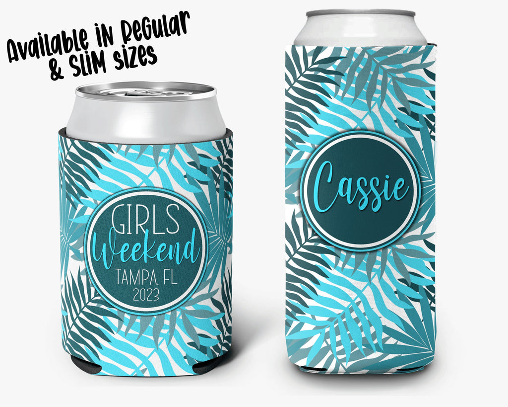 Tropical Palm Girls Weekend Can Cooler Beach Event Bachelorette Party Huggers Personalized Can Cooler Sleeve
