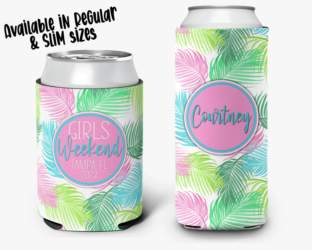 Tropical Palm Girls Weekend Can Cooler Bright Beach Event Bachelorette Party Huggers Personalized Can Cooler Sleeve