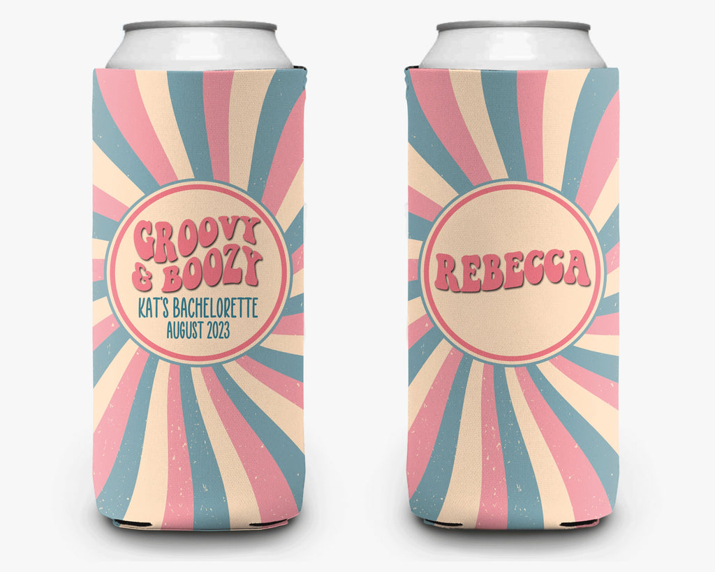 Bachelorette Party Can Cooler Groovy Boozy Theme Retro Swirl Disco Bridal Party Theme Personalized Can Cooler Sleeve