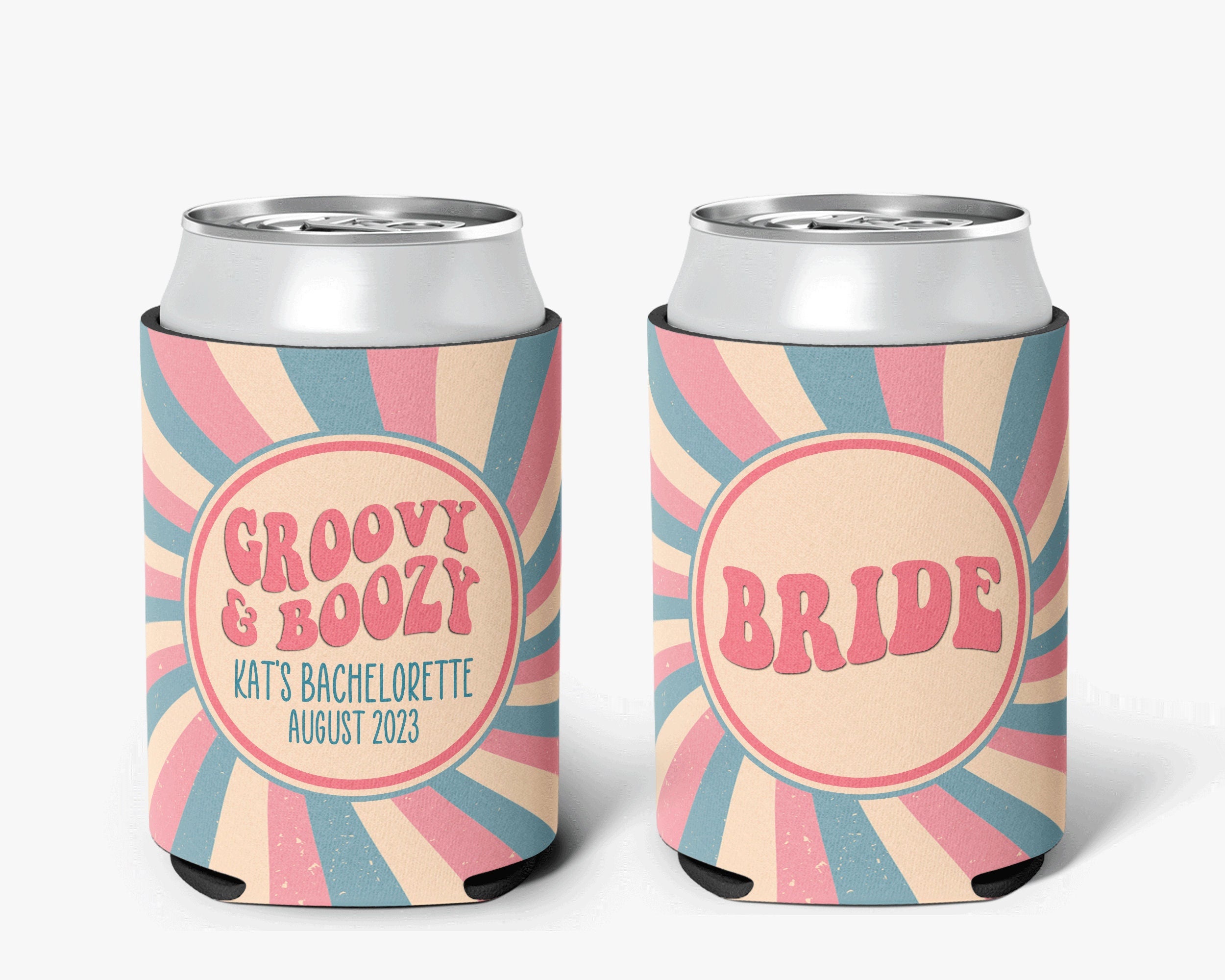 Bachelorette Party Can Cooler Groovy Boozy Theme Retro Swirl Disco Bridal Party Theme Personalized Can Cooler Sleeve