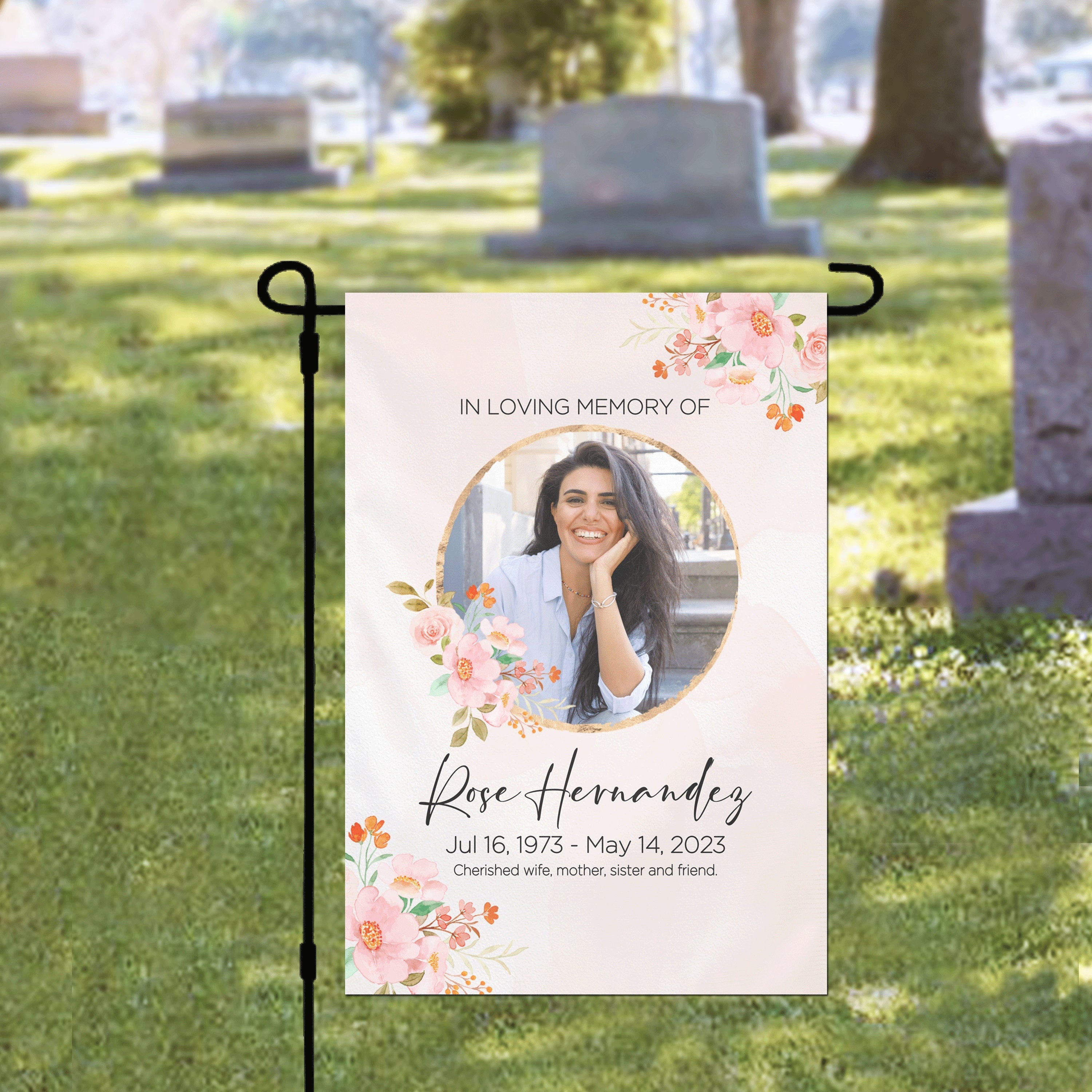 Personalized Memorial Cemetery Flag, Custom Memorial Garden Flag, Pink Watercolor In Memory Decoration, Cemetery Decoration