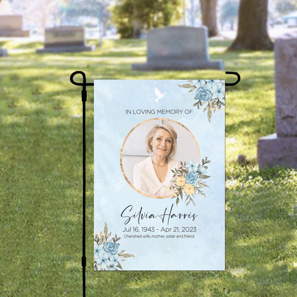 Personalized Memorial Cemetery Flag, Custom Memorial Garden Flag, Blue Flower In Memory Decoration, Cemetery Decoration