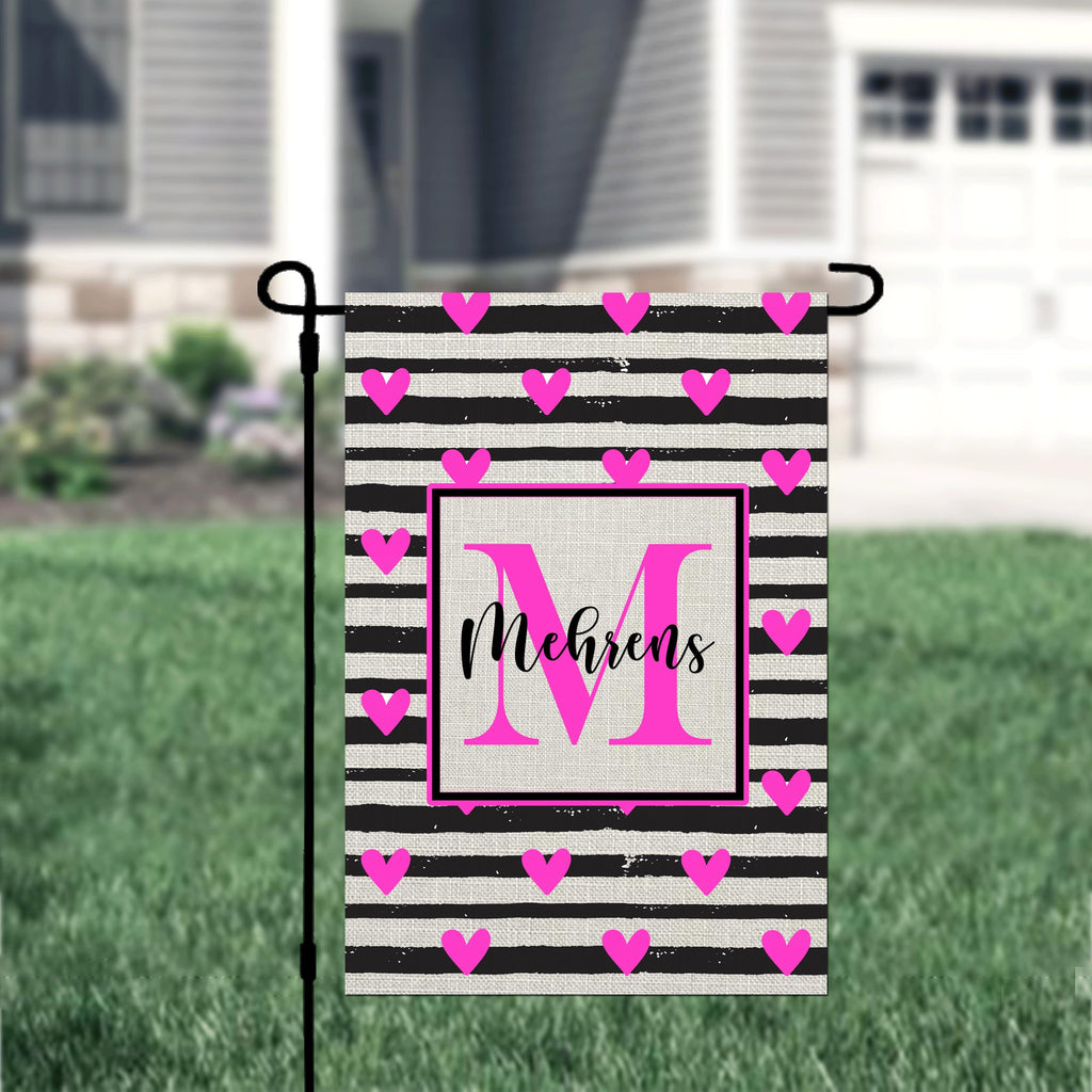 Personalized Valentine's Day Garden Flag, Custom Heart Stripe Garden Flag